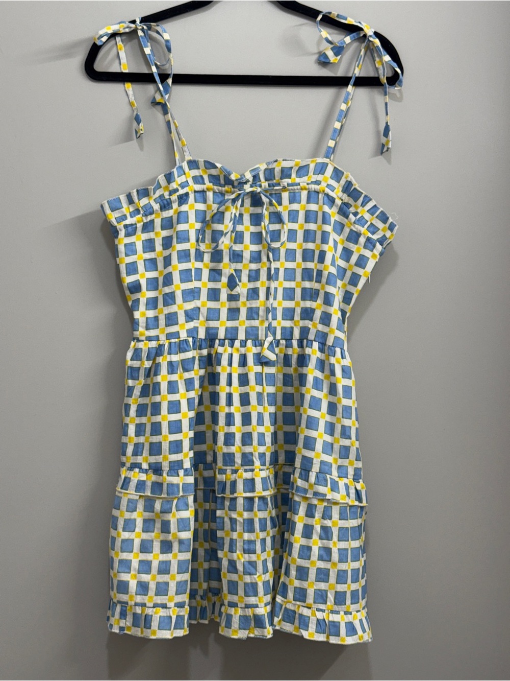 Cottagecore Blue and Yellow Gingham Tie-Shoulder Dress Coquette Picnic